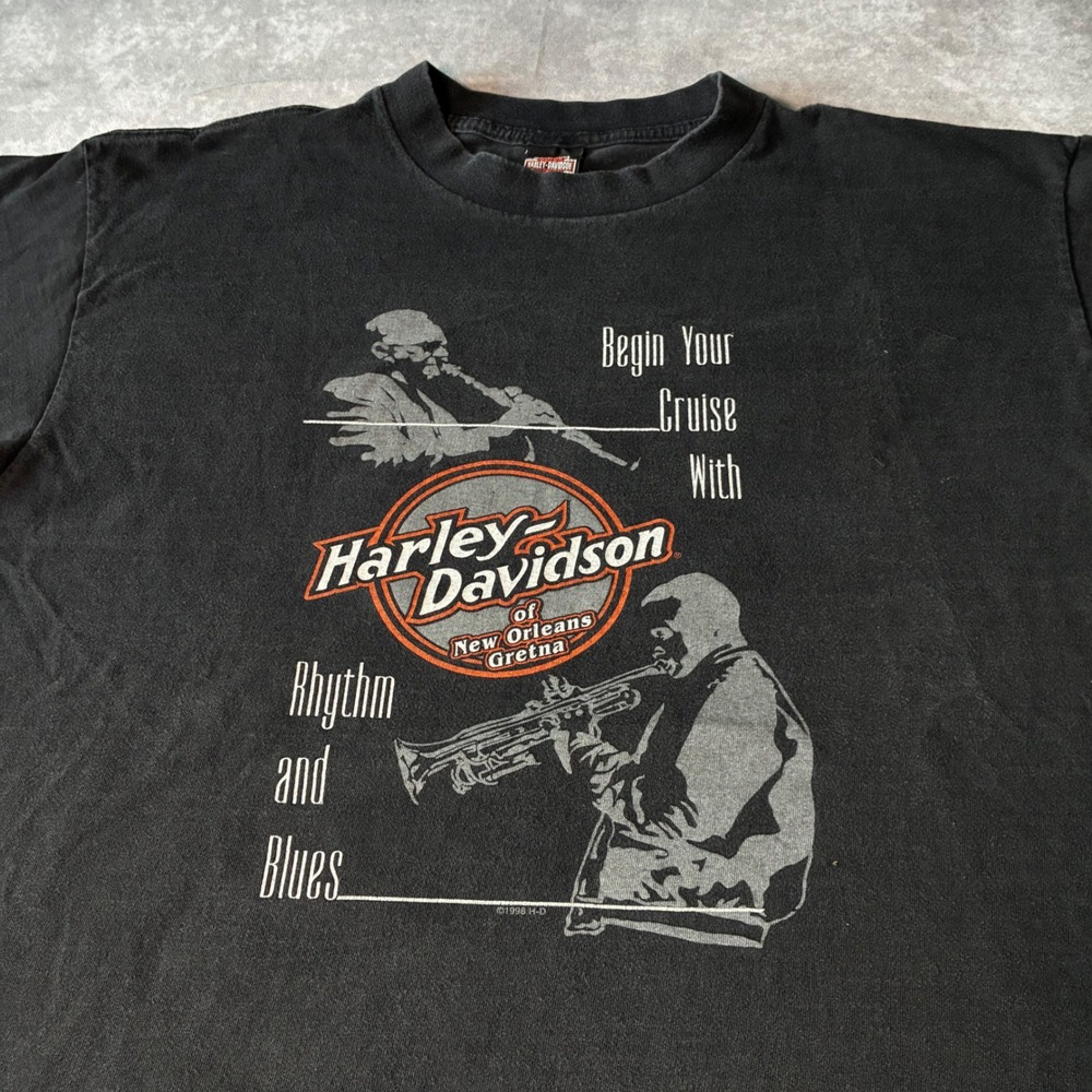 Vintage 90s Harley Davidson New Orleans Rhythm and Blues T-Shirt XL Black 1998
